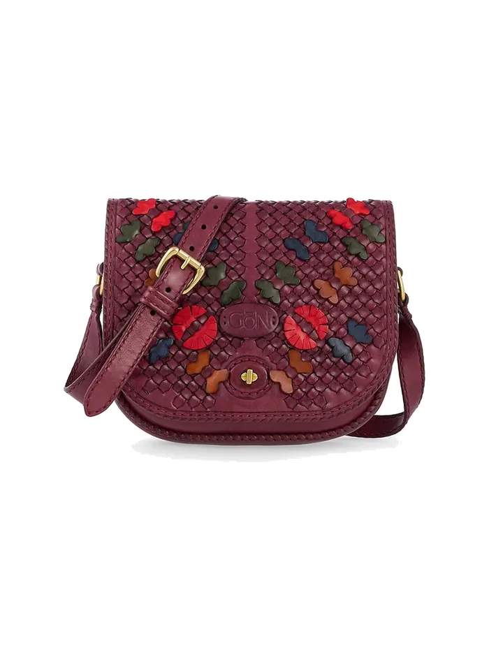 GÖN plum multicolor saddle flap leather crossbody with leaf detail