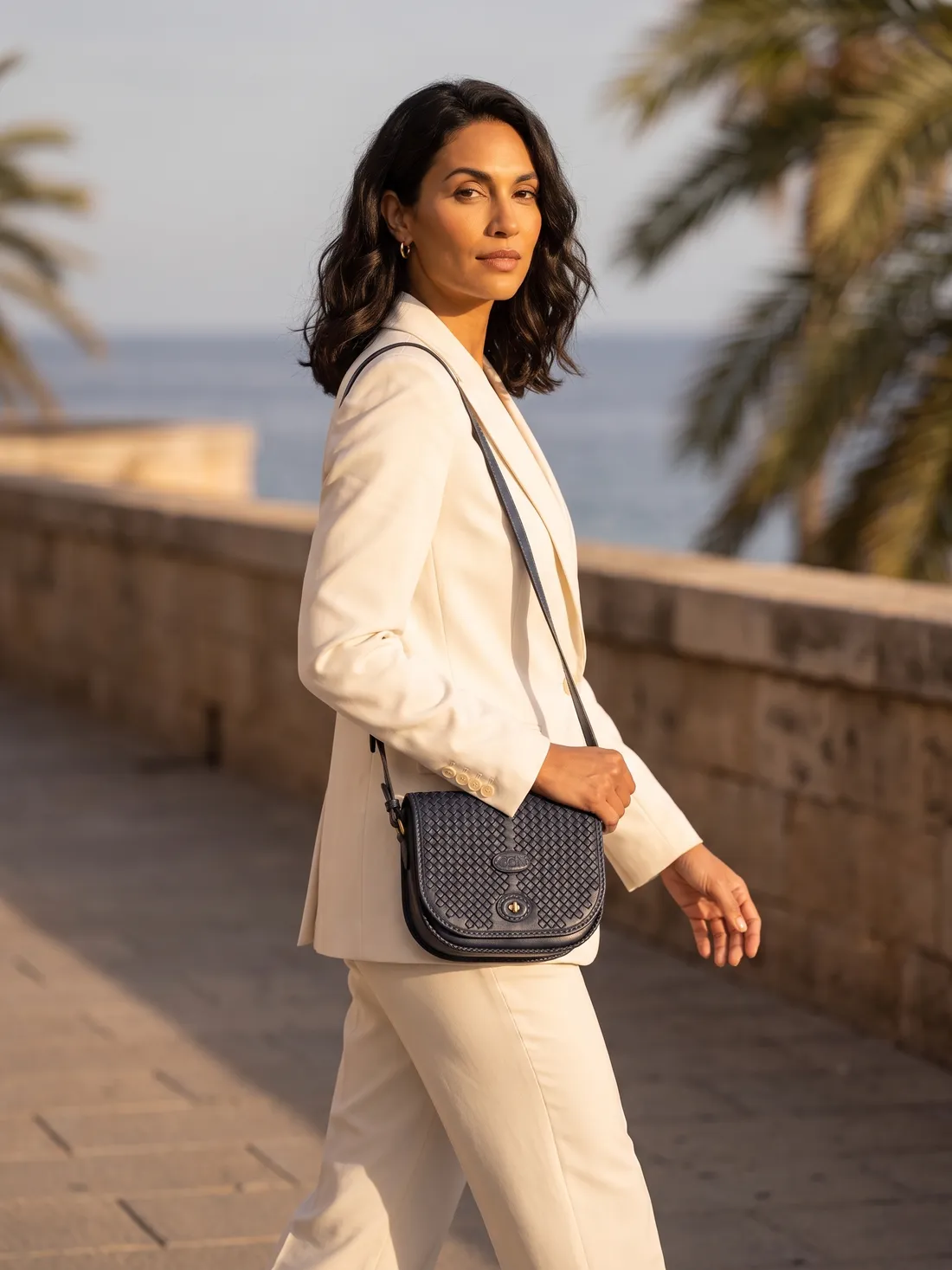GÖN Handmade Woven Saddle Crossbody worn — carried in Navy, from the campaign