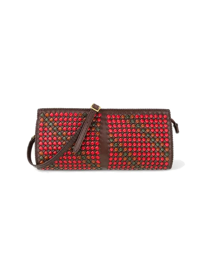 GÖN coffee multicolor woven-front leather baguette crossbody