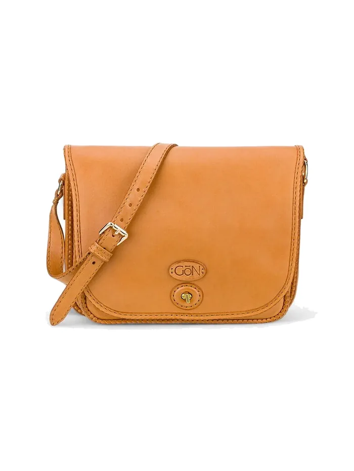 GÖN camel leather crossbody bag with horn clasp and adjustable strap