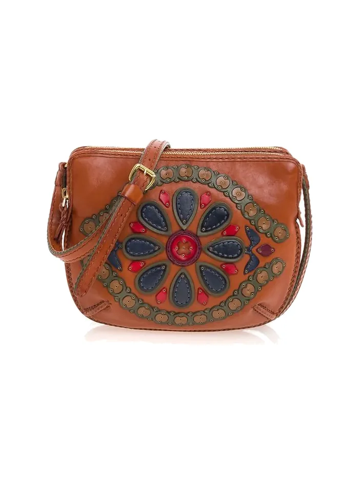 GÖN tan multicolor leather crossbody bag with tooled medallion front