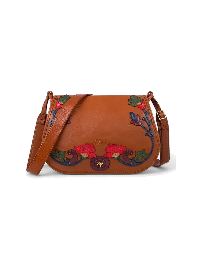 GÖN tan multicolor leather saddle bag with vine appliqué