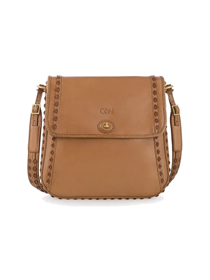 GÖN camel leather messenger bag with whipstitched edges