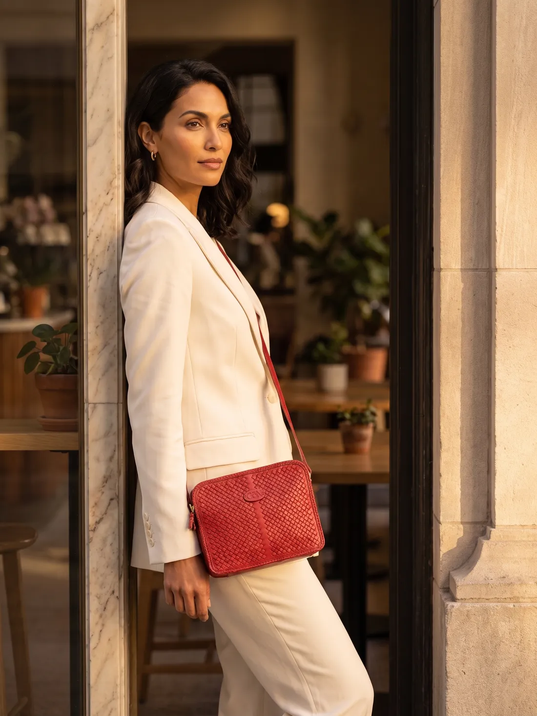 GÖN Handmade Woven Zip Crossbody worn — carried in Red, from the campaign