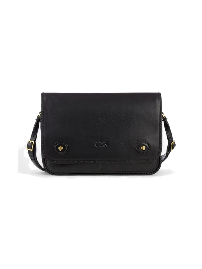 GÖN black leather flap crossbody bag with twin buckles