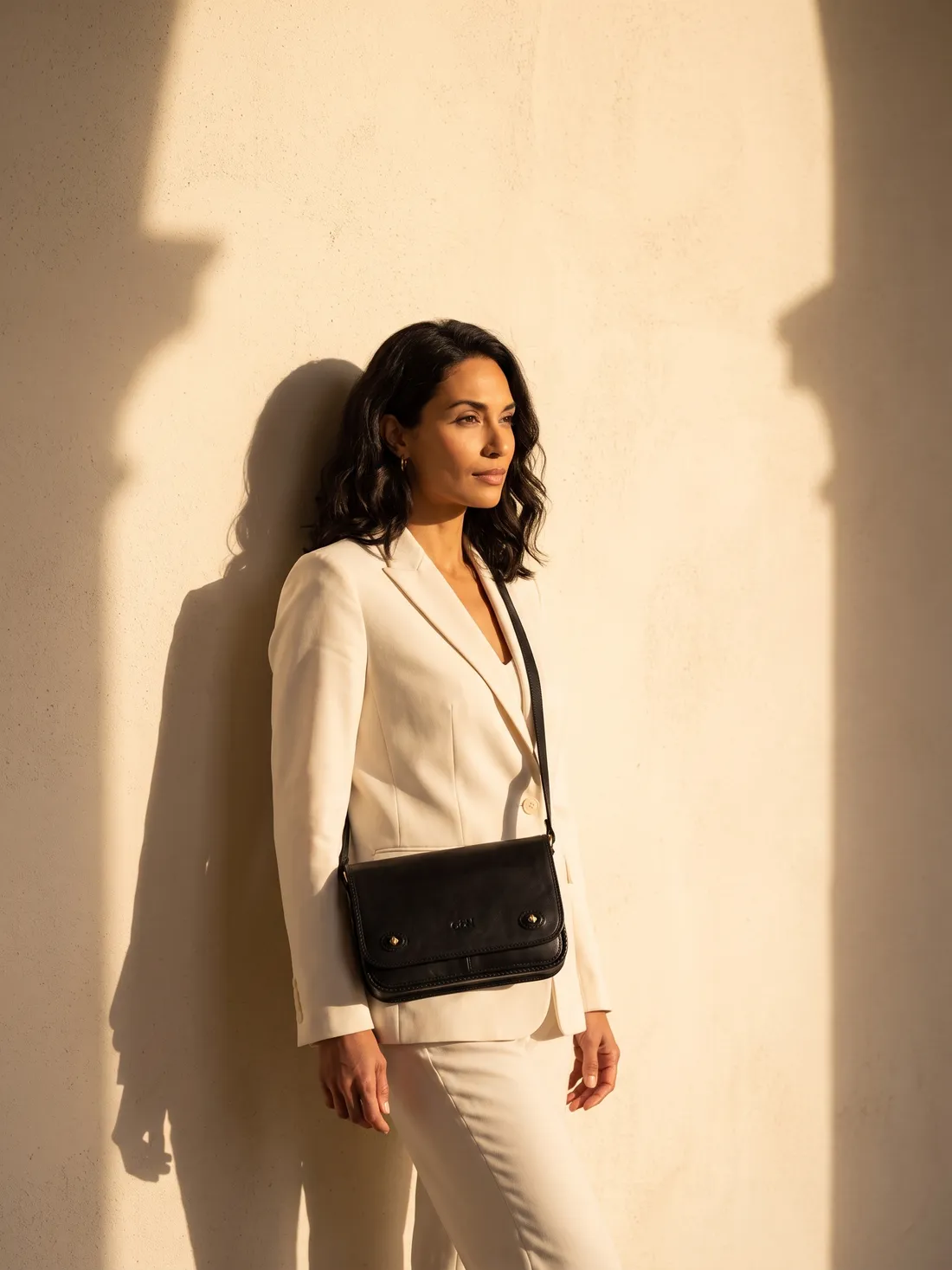 GÖN Handmade Buckled Flap Crossbody worn — carried in Black, from the campaign