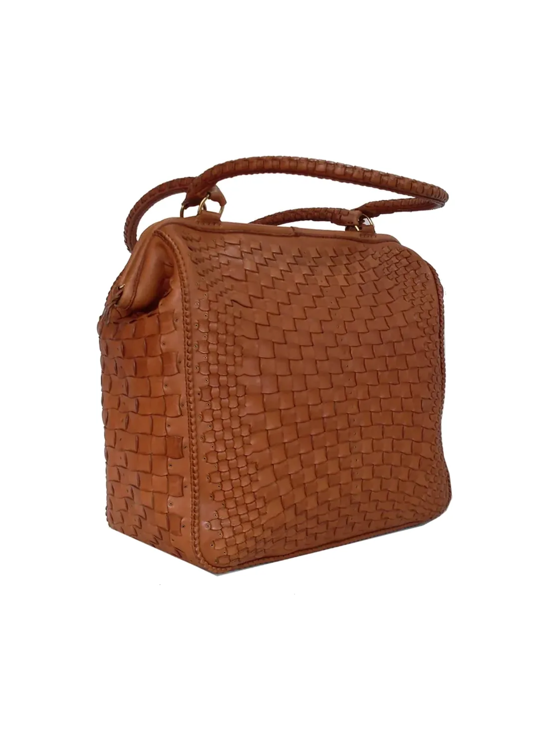 GÖN tan woven leather frame handbag with rolled handles