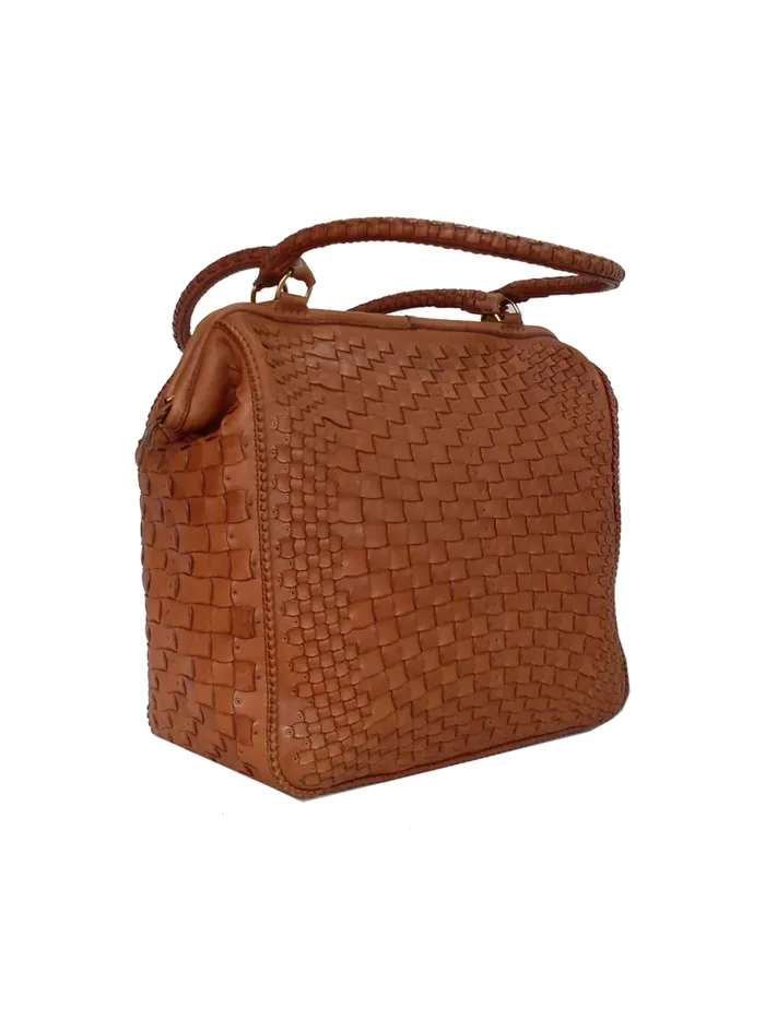GÖN tan woven leather frame handbag with rolled handles