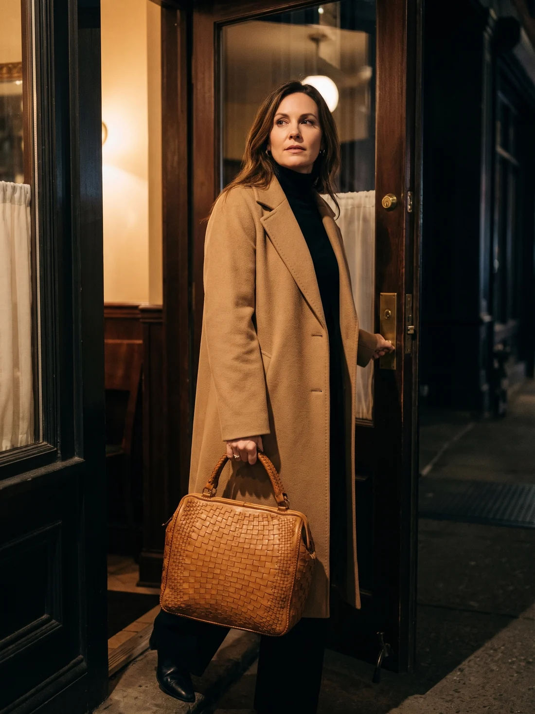 GÖN Handmade Woven Frame Handbag worn — carried in Tan, from the campaign