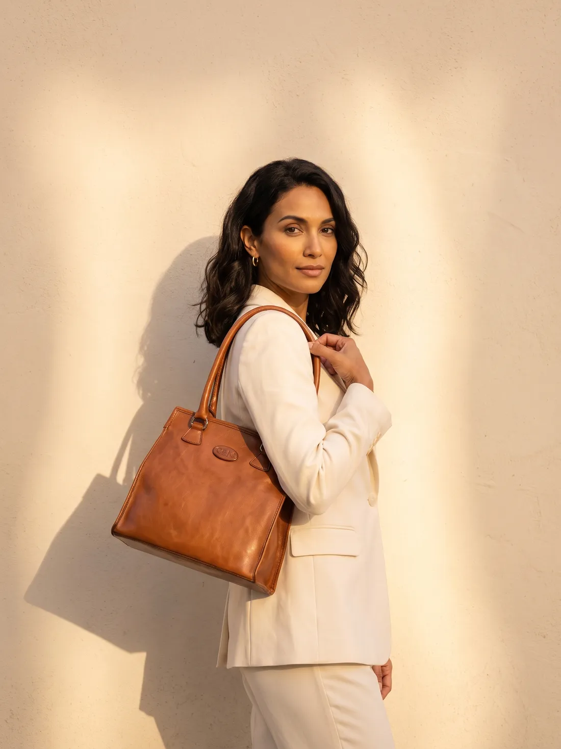GÖN Handmade Armo Tote worn — carried in Tan, from the campaign