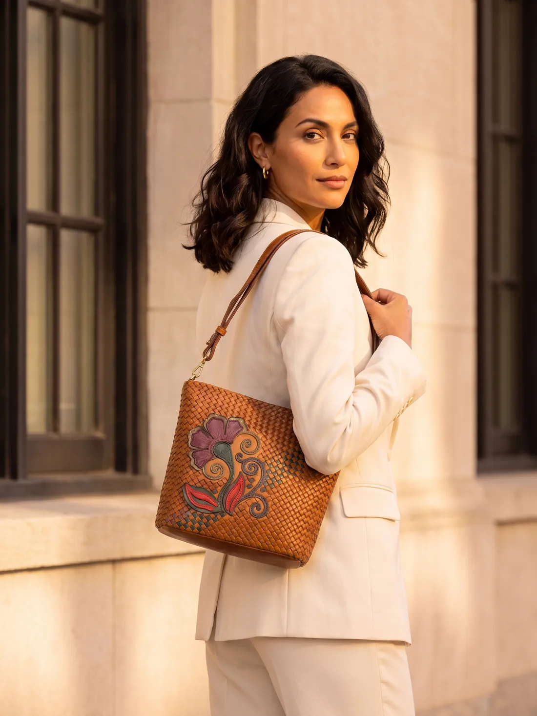 GÖN Handmade Kuzey Tote worn — carried in Tan, from the campaign
