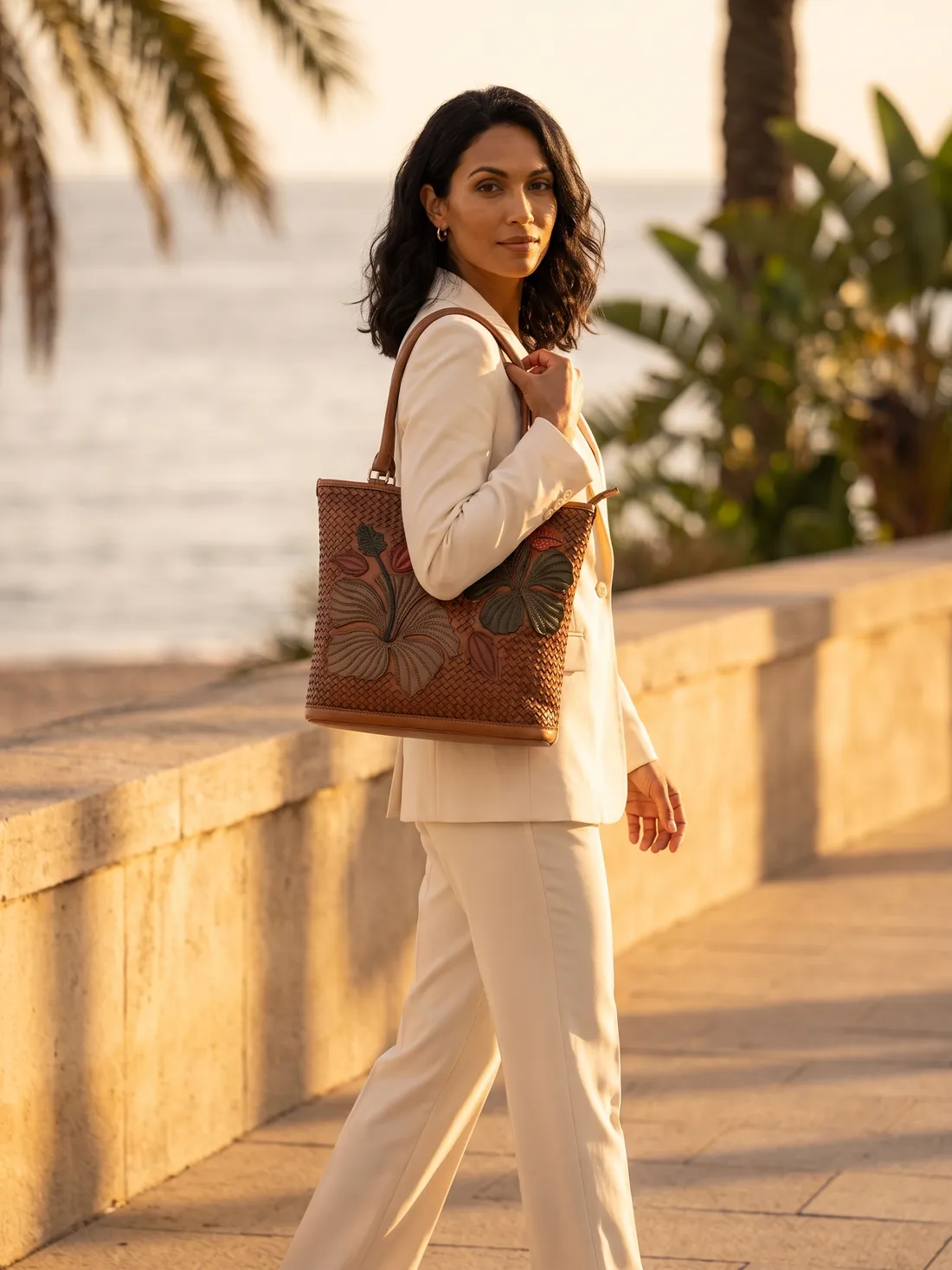 GÖN Handmade Rula Tote worn — carried in Tan, from the campaign