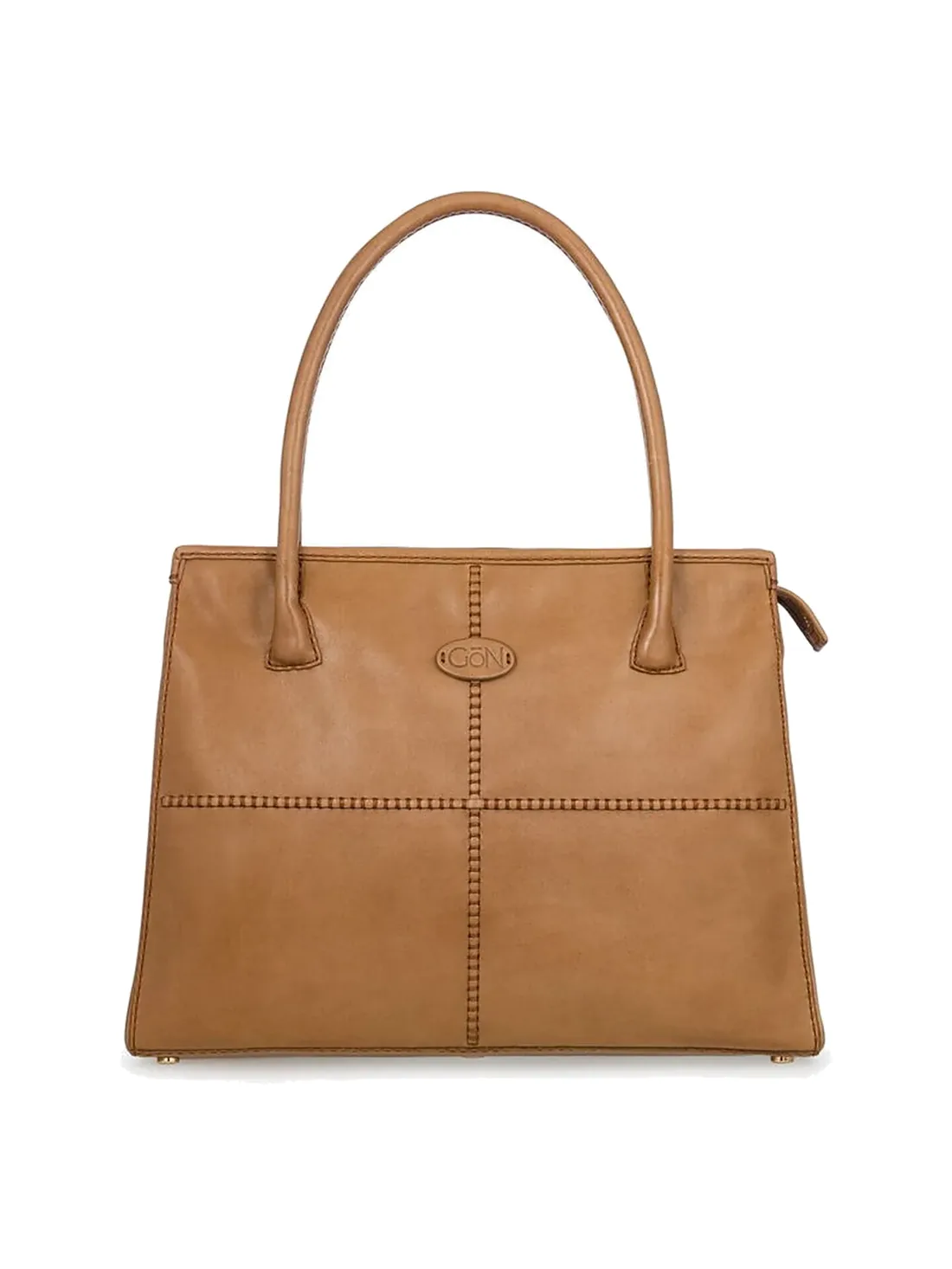 GÖN camel leather shoulder bag with whipstitched seams and rolled top handles