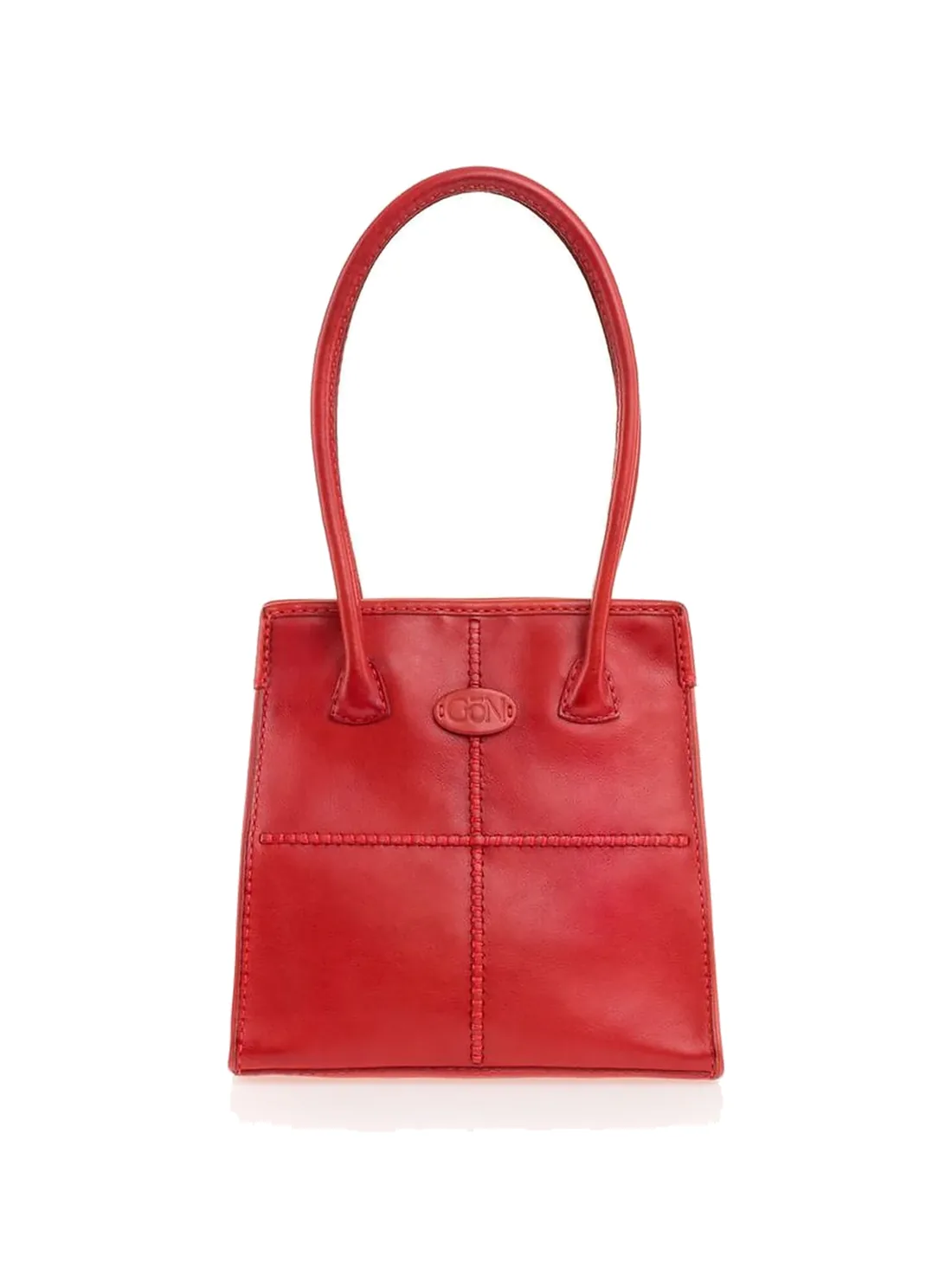 GÖN red leather compact shoulder bag with whipstitched seams and slim rolled handles