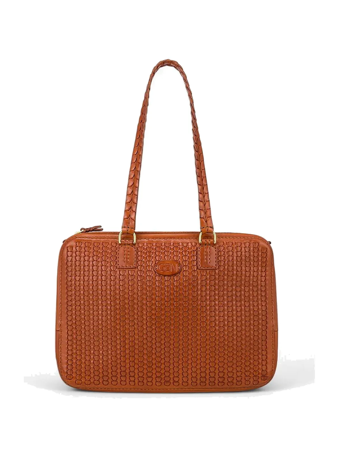 GÖN tan basketweave-embossed leather shoulder tote