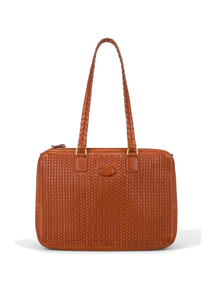 GÖN tan basketweave-embossed leather shoulder tote
