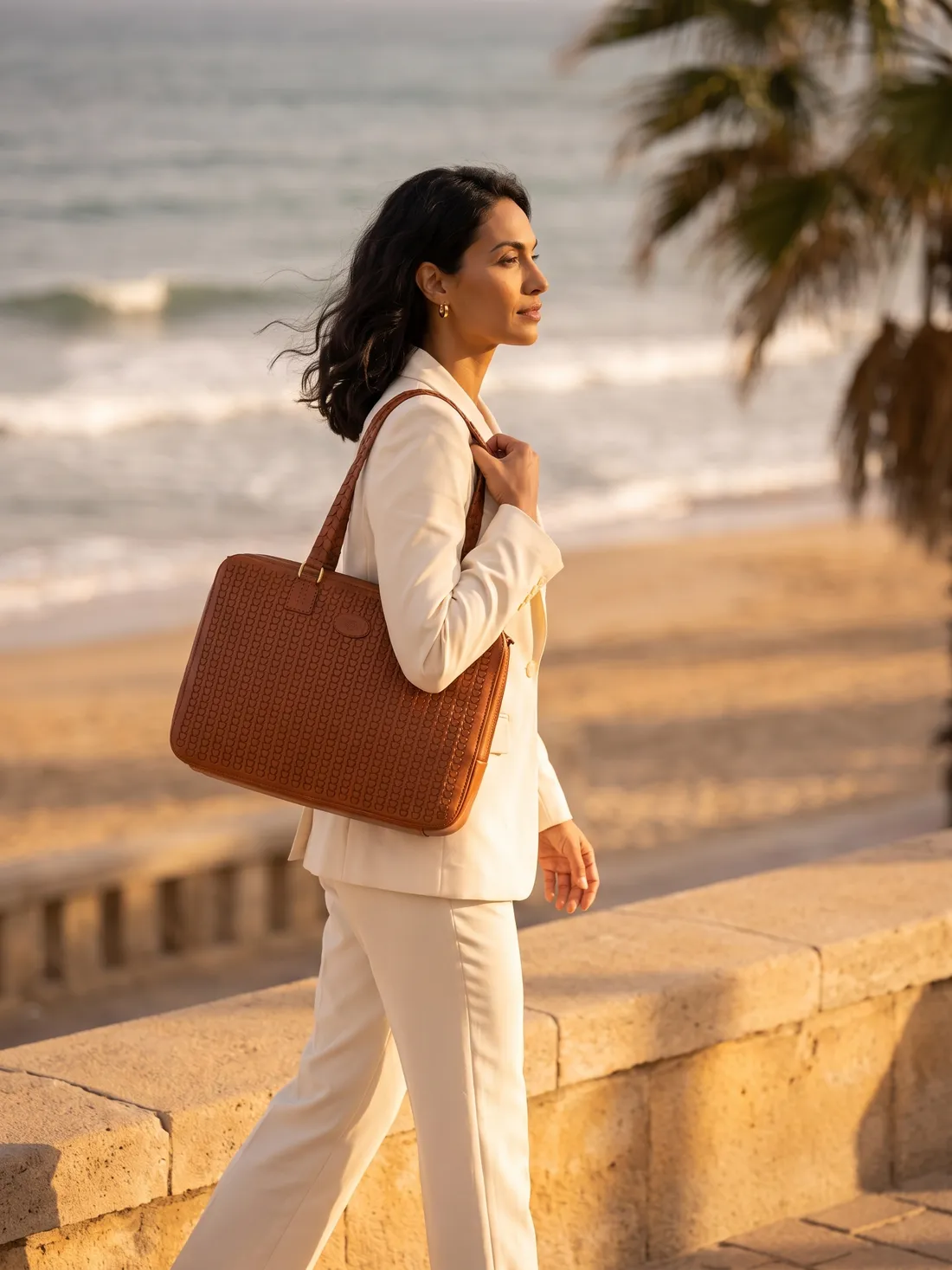 GÖN Handmade Woven Shoulder Tote worn — carried in Tan, from the campaign