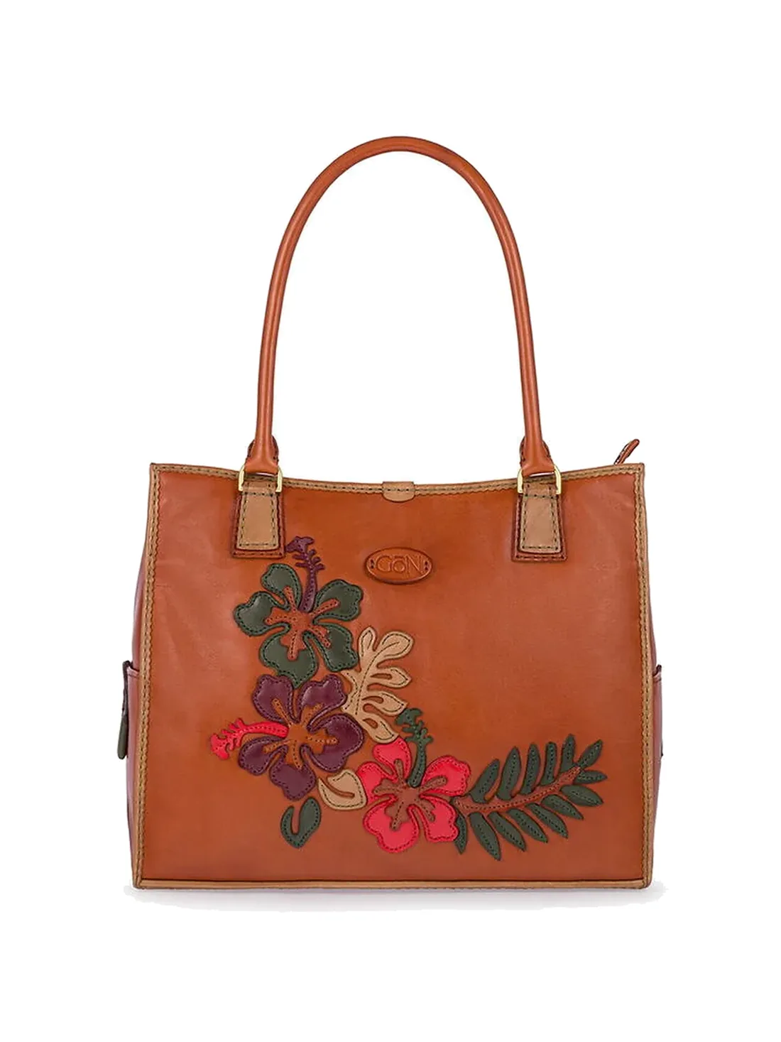 GÖN tan multicolor leather tote bag with garden appliqué