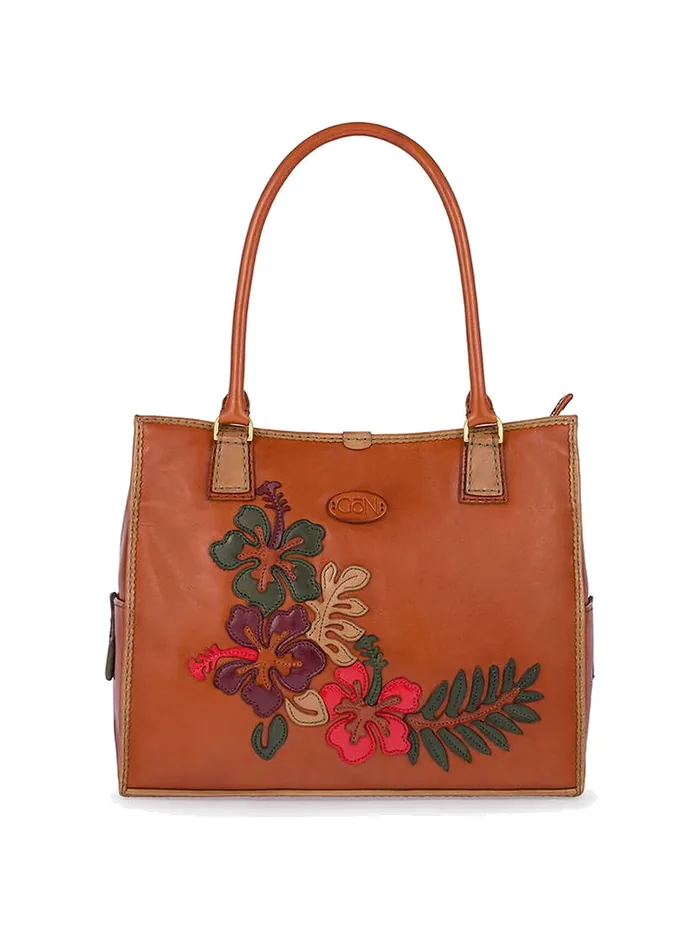 GÖN tan multicolor leather tote bag with garden appliqué