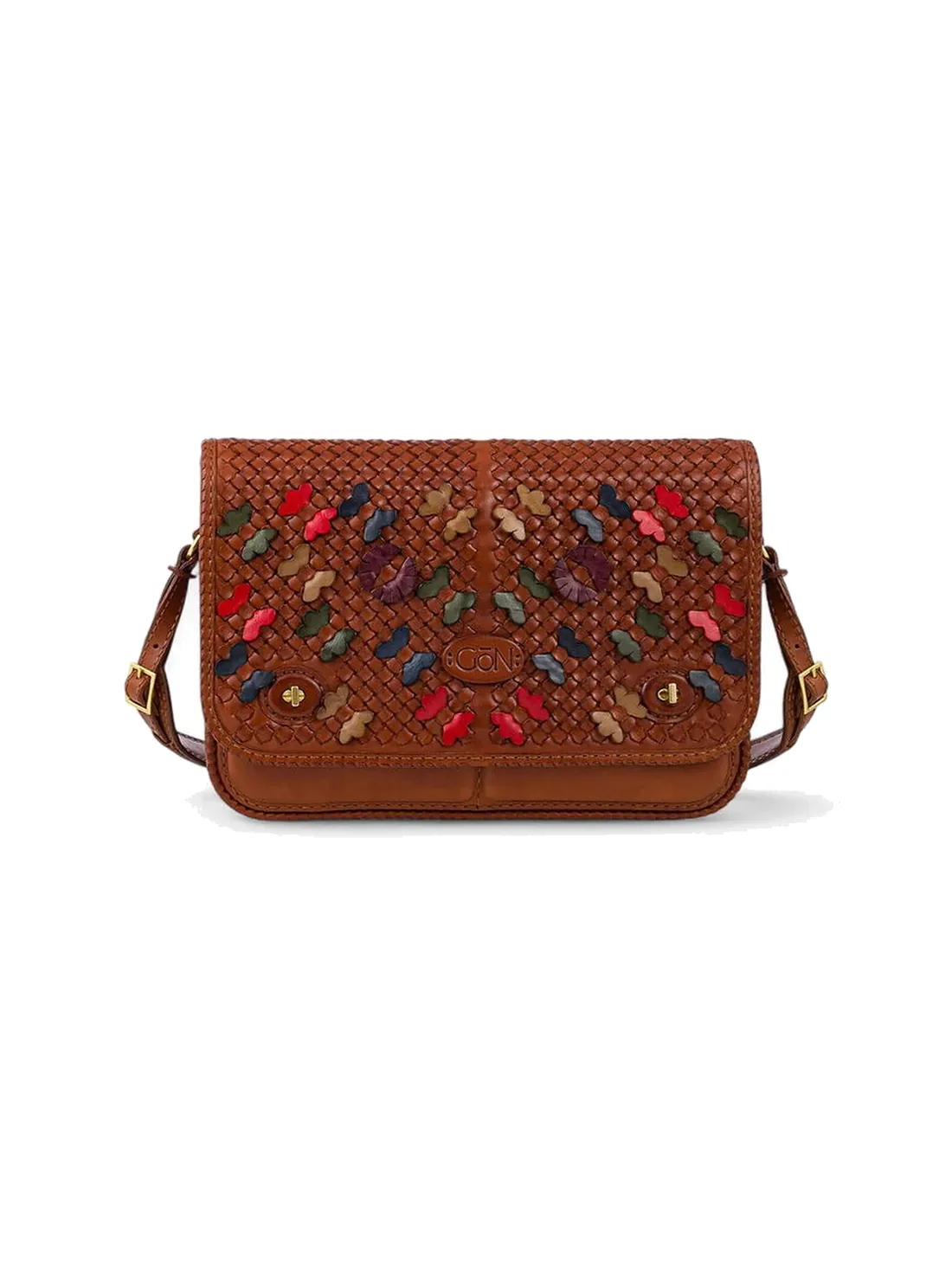 GÖN tan multicolor leather shoulder bag with leaf appliqué flap