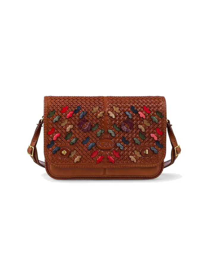 GÖN tan multicolor leather shoulder bag with leaf appliqué flap