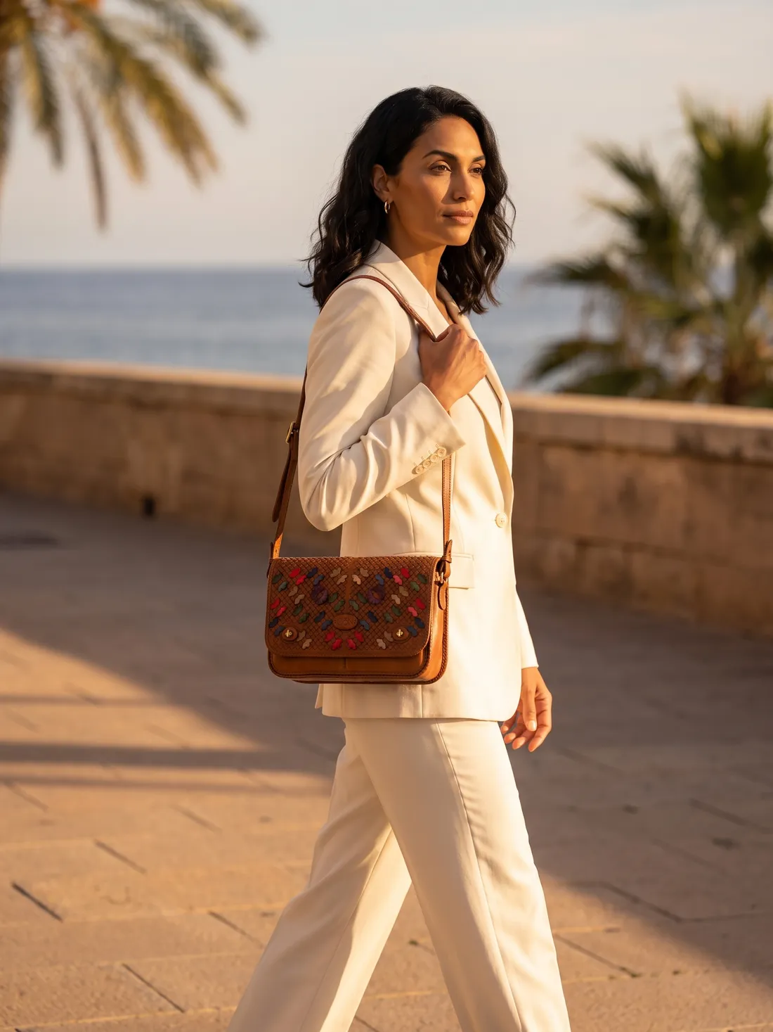 GÖN Handmade Leaf Appliqué Shoulder Bag worn — carried in Tan Multi, from the campaign