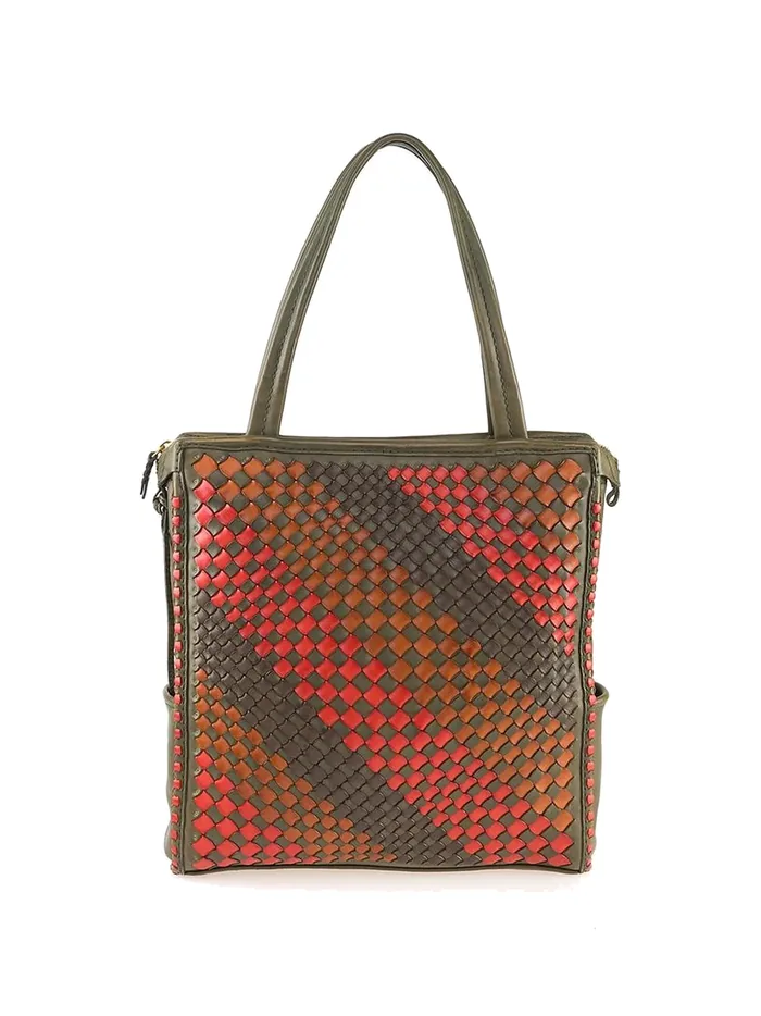GÖN olive multicolor diagonal-woven two-tone leather tote