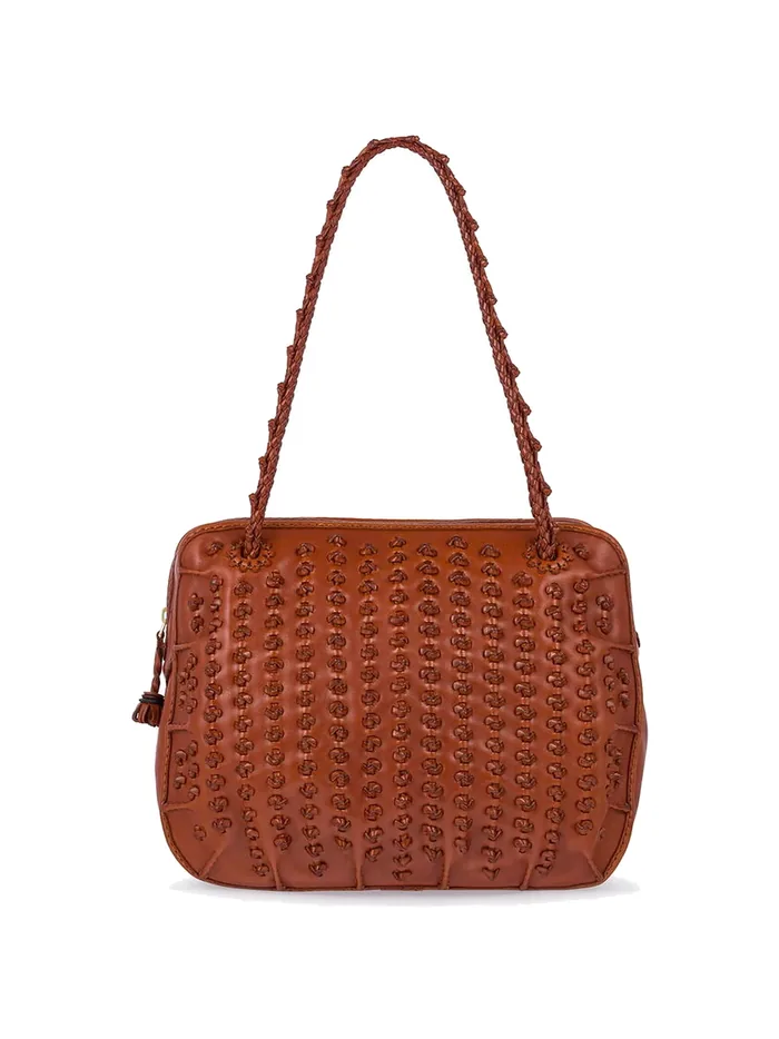 GÖN tan petal-weave leather shoulder bag