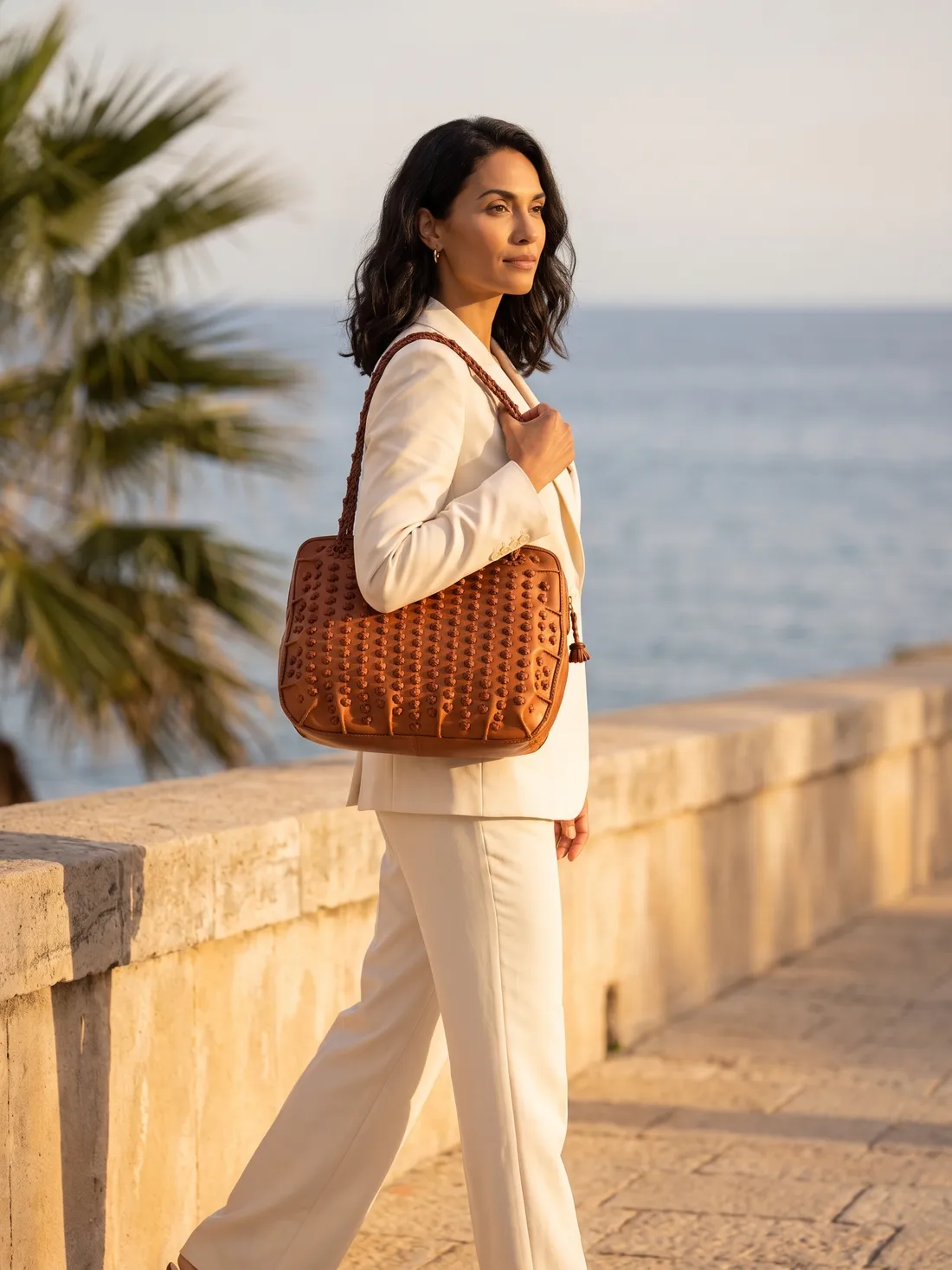GÖN Handmade Petal-Weave Shoulder Bag worn — carried in Tan, from the campaign