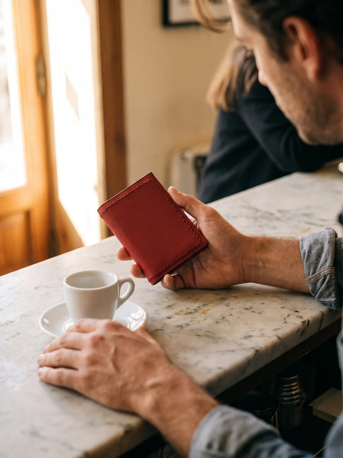 GÖN Handmade Men’s Wallet worn — carried in Red, from the campaign