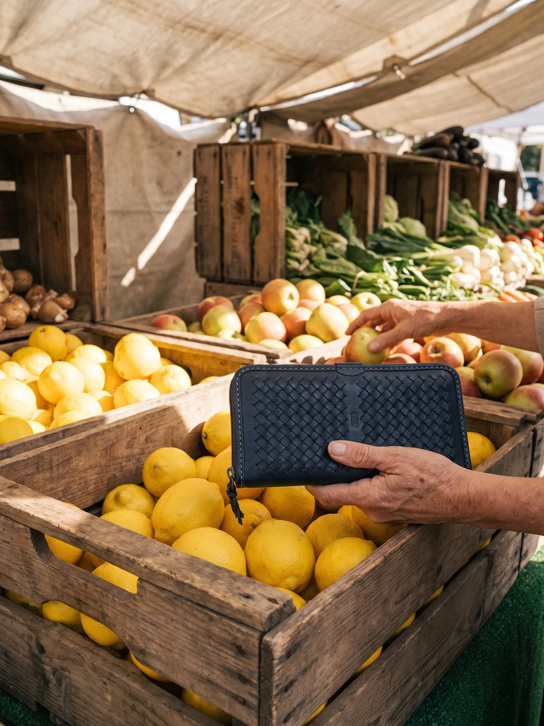 GÖN Handmade Woven Continental Wallet worn — carried in Navy, from the campaign