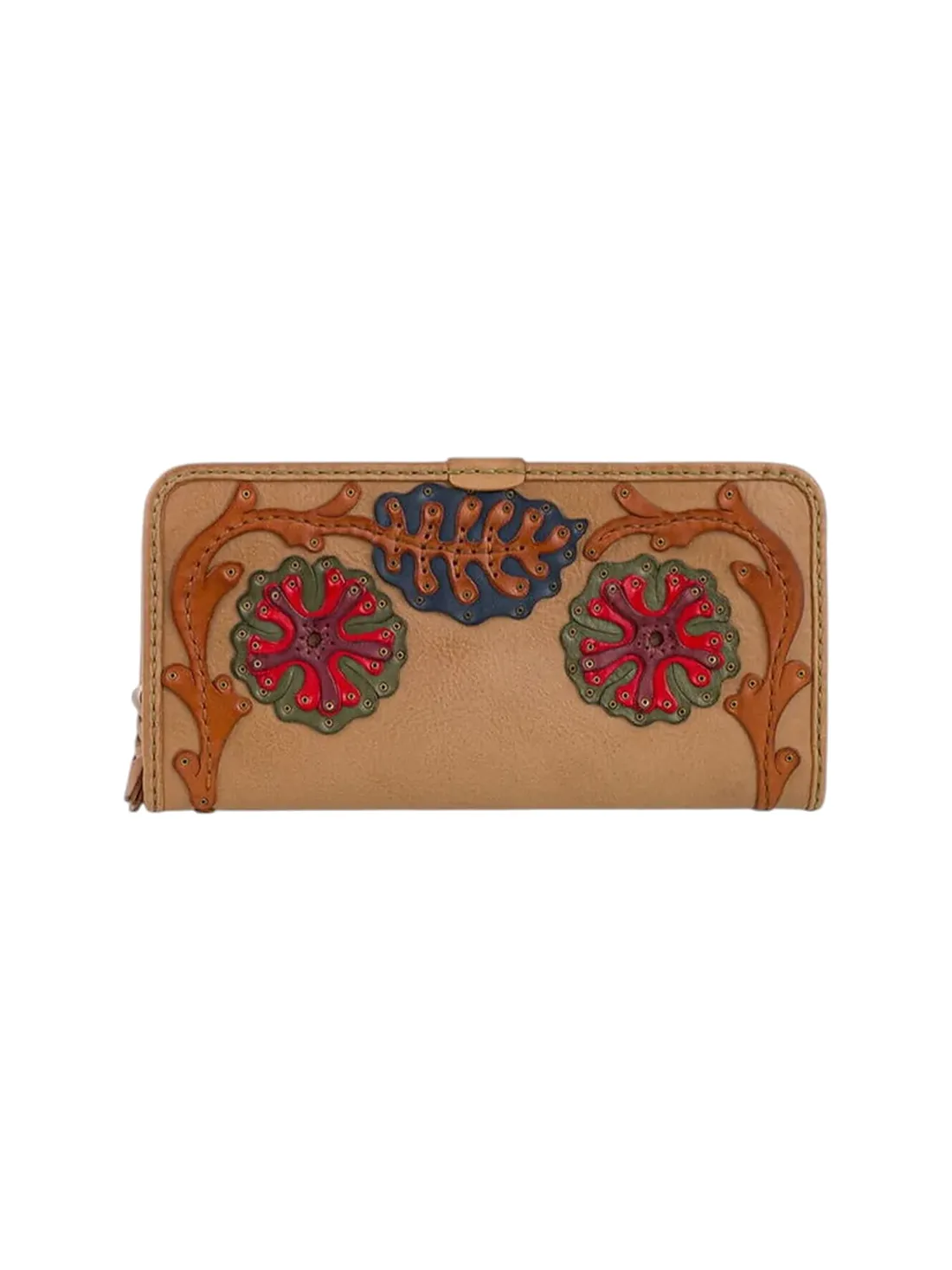 GÖN sand multicolor leather wallet with floral appliqué