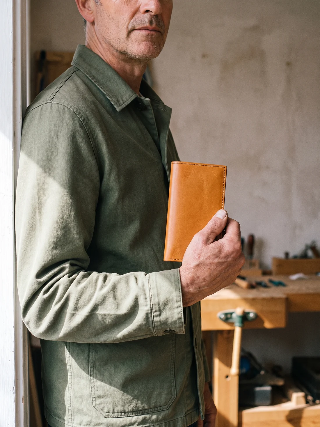 GÖN Handmade Men’s Vertical Wallet worn — carried in Tan, from the campaign