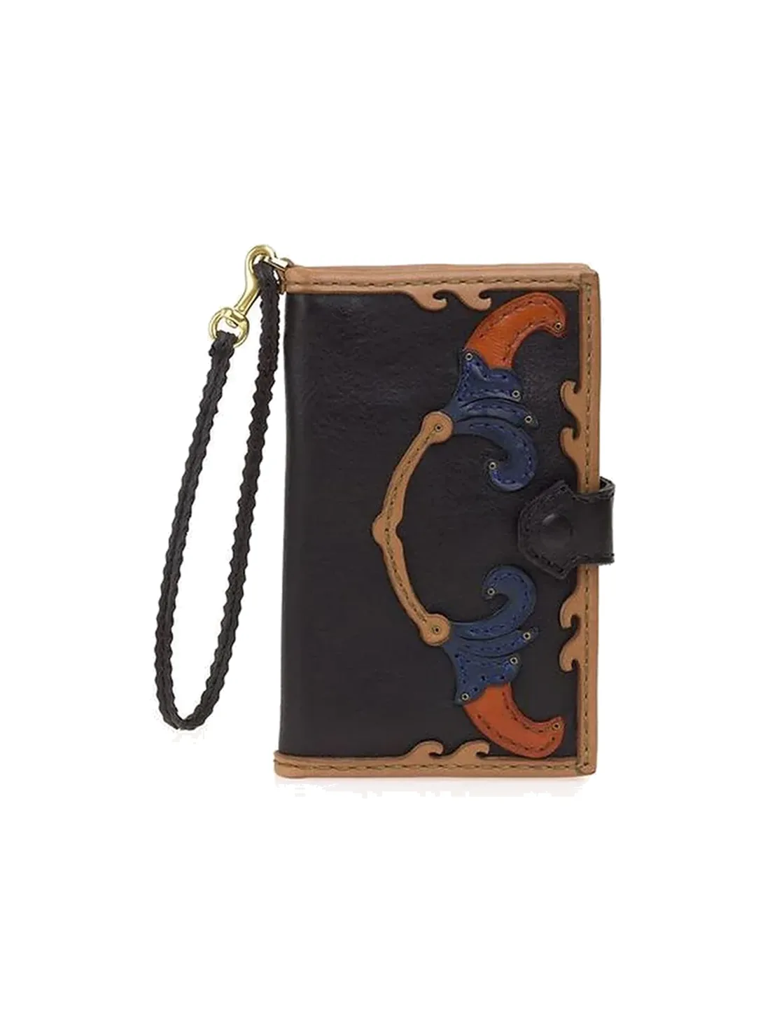 GÖN black multicolor leather wristlet wallet with scroll appliqué