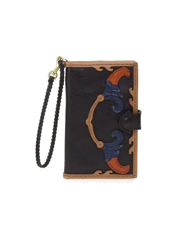 GÖN black multicolor leather wristlet wallet with scroll appliqué