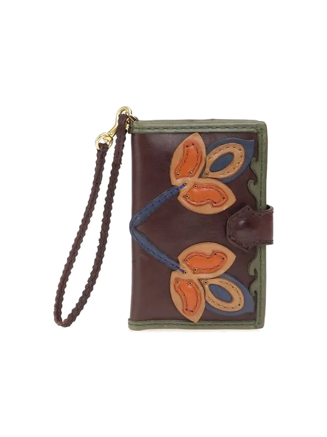 GÖN coffee multicolor leather wristlet wallet with leaf appliqué