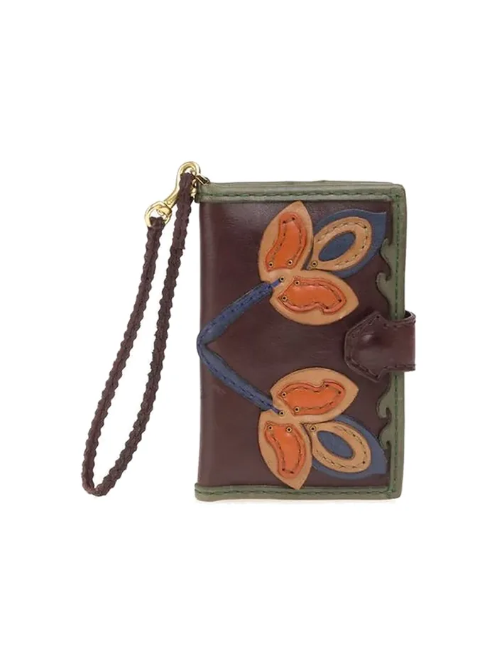 GÖN coffee multicolor leather wristlet wallet with leaf appliqué