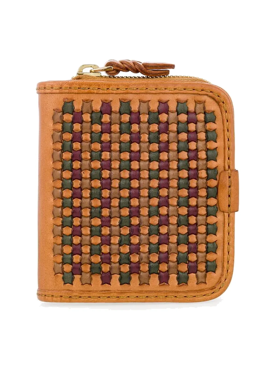 GÖN light camel multicolor check-woven leather zip wallet