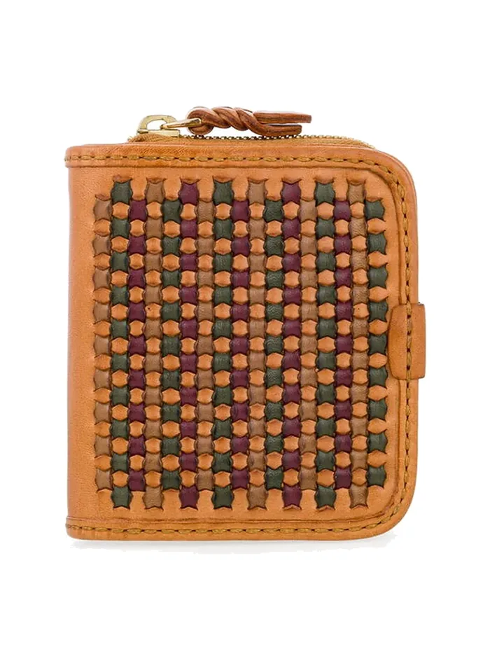 GÖN light camel multicolor check-woven leather zip wallet